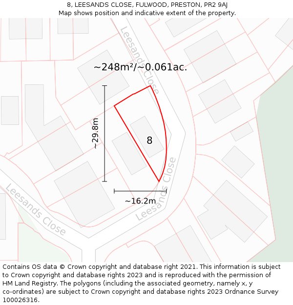 8, LEESANDS CLOSE, FULWOOD, PRESTON, PR2 9AJ: Plot and title map