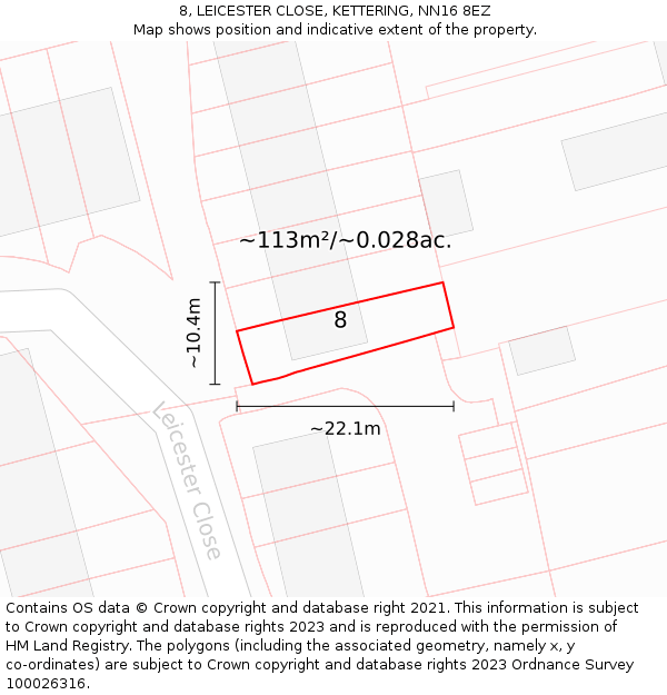 8, LEICESTER CLOSE, KETTERING, NN16 8EZ: Plot and title map