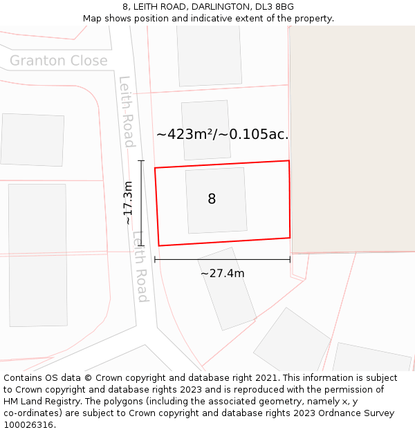 8, LEITH ROAD, DARLINGTON, DL3 8BG: Plot and title map