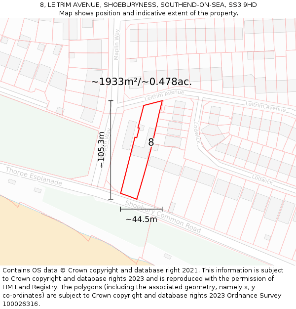 8, LEITRIM AVENUE, SHOEBURYNESS, SOUTHEND-ON-SEA, SS3 9HD: Plot and title map