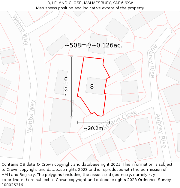 8, LELAND CLOSE, MALMESBURY, SN16 9XW: Plot and title map