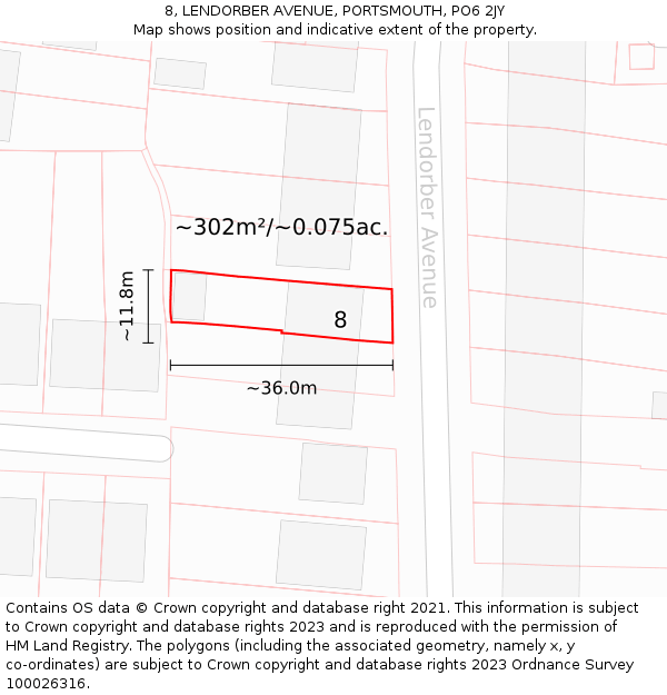 8, LENDORBER AVENUE, PORTSMOUTH, PO6 2JY: Plot and title map