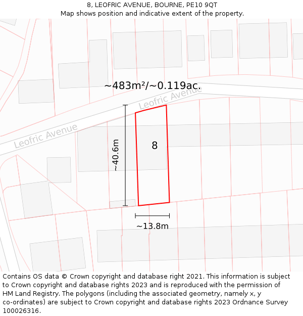 8, LEOFRIC AVENUE, BOURNE, PE10 9QT: Plot and title map