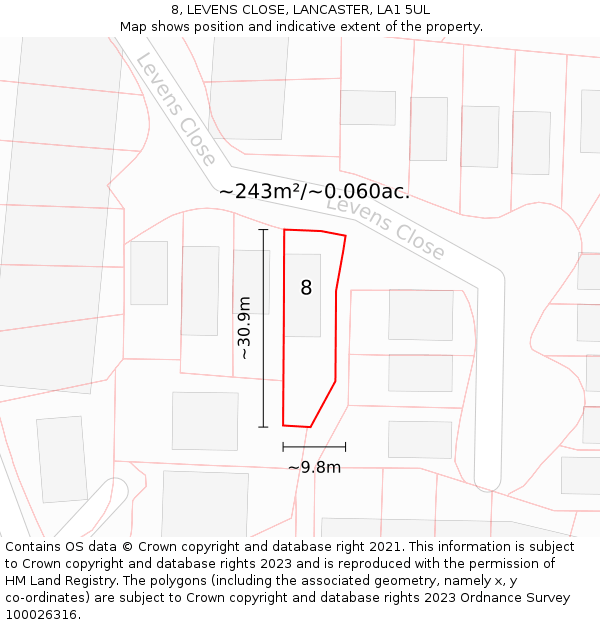 8, LEVENS CLOSE, LANCASTER, LA1 5UL: Plot and title map