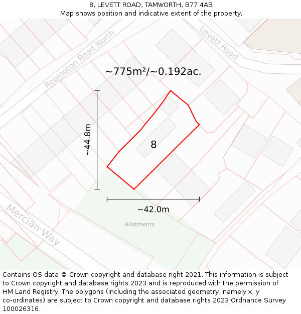 8, LEVETT ROAD, TAMWORTH, B77 4AB: Plot and title map