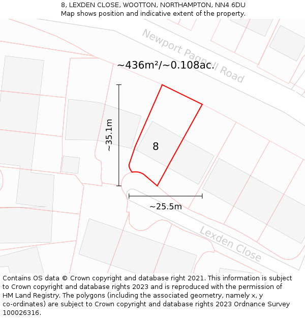 8, LEXDEN CLOSE, WOOTTON, NORTHAMPTON, NN4 6DU: Plot and title map