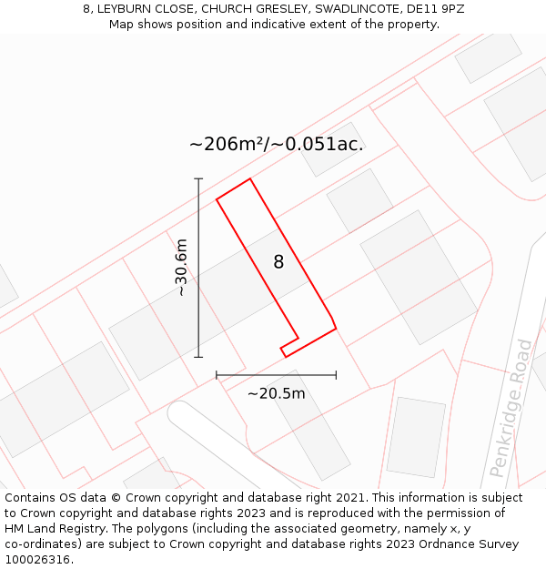 8, LEYBURN CLOSE, CHURCH GRESLEY, SWADLINCOTE, DE11 9PZ: Plot and title map