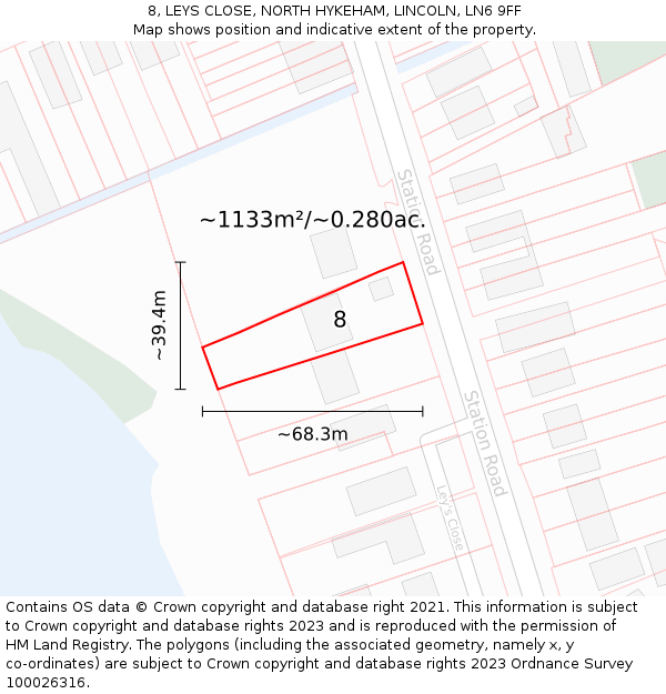 8, LEYS CLOSE, NORTH HYKEHAM, LINCOLN, LN6 9FF: Plot and title map