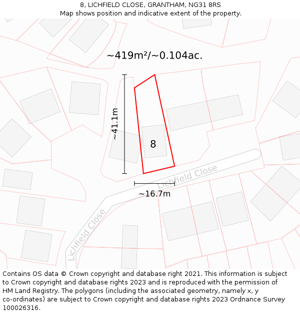 8, LICHFIELD CLOSE, GRANTHAM, NG31 8RS: Plot and title map