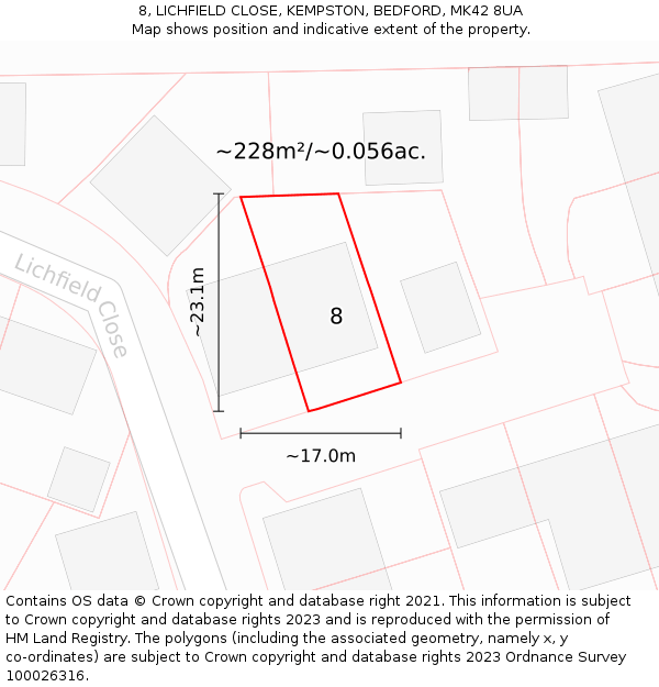 8, LICHFIELD CLOSE, KEMPSTON, BEDFORD, MK42 8UA: Plot and title map