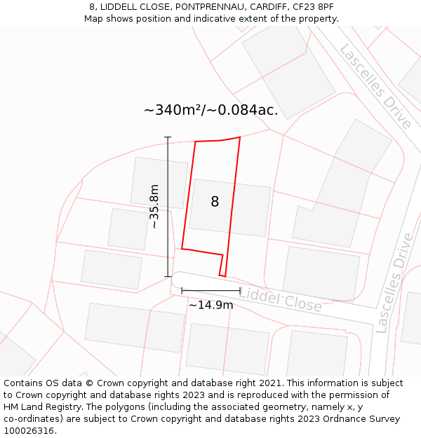 8, LIDDELL CLOSE, PONTPRENNAU, CARDIFF, CF23 8PF: Plot and title map