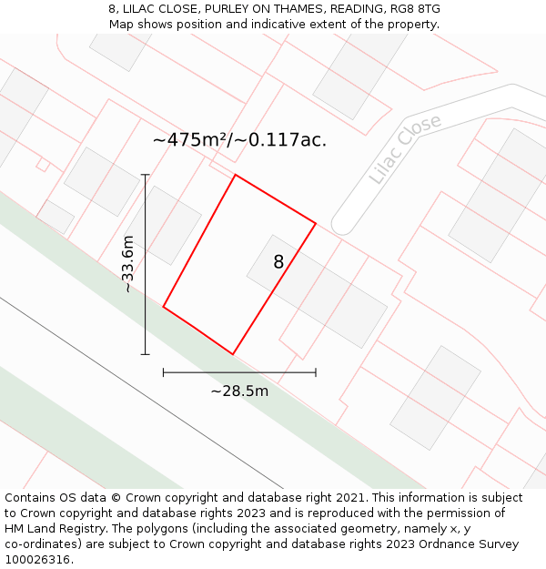 8, LILAC CLOSE, PURLEY ON THAMES, READING, RG8 8TG: Plot and title map