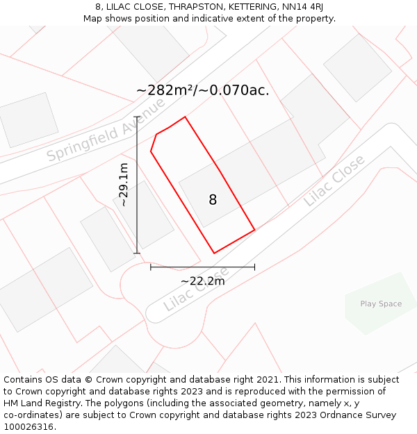 8, LILAC CLOSE, THRAPSTON, KETTERING, NN14 4RJ: Plot and title map
