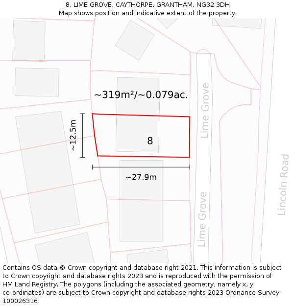 8, LIME GROVE, CAYTHORPE, GRANTHAM, NG32 3DH: Plot and title map