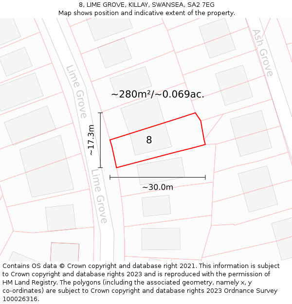 8, LIME GROVE, KILLAY, SWANSEA, SA2 7EG: Plot and title map