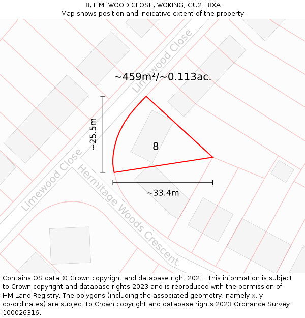 8, LIMEWOOD CLOSE, WOKING, GU21 8XA: Plot and title map