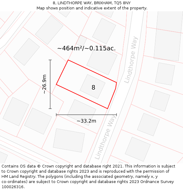 8, LINDTHORPE WAY, BRIXHAM, TQ5 8NY: Plot and title map