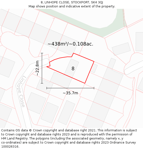8, LINHOPE CLOSE, STOCKPORT, SK4 3QJ: Plot and title map