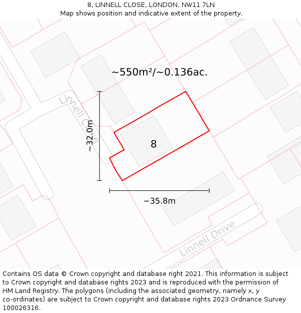 8, LINNELL CLOSE, LONDON, NW11 7LN: Plot and title map