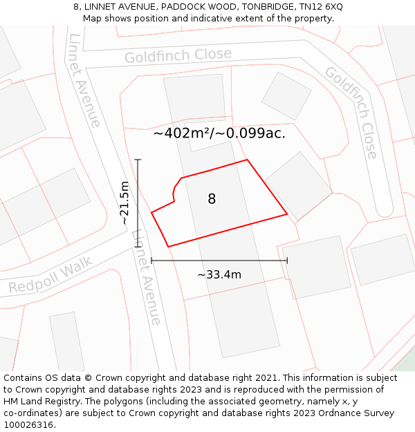 8, LINNET AVENUE, PADDOCK WOOD, TONBRIDGE, TN12 6XQ: Plot and title map