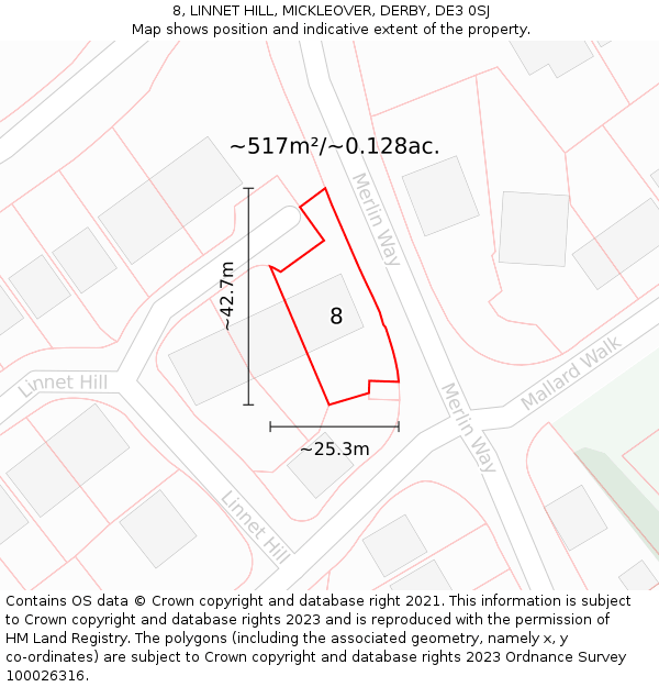 8, LINNET HILL, MICKLEOVER, DERBY, DE3 0SJ: Plot and title map