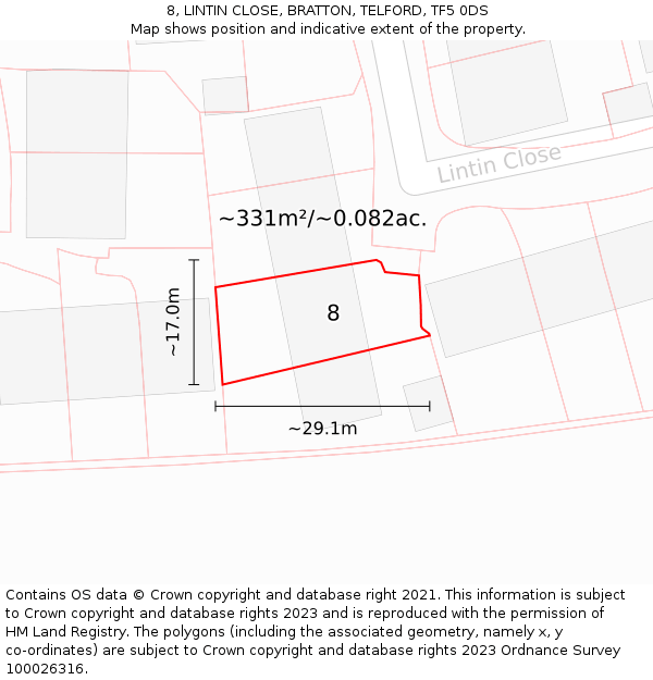 8, LINTIN CLOSE, BRATTON, TELFORD, TF5 0DS: Plot and title map