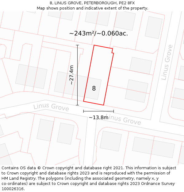 8, LINUS GROVE, PETERBOROUGH, PE2 8FX: Plot and title map