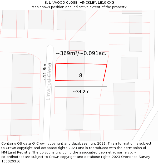 8, LINWOOD CLOSE, HINCKLEY, LE10 0XG: Plot and title map