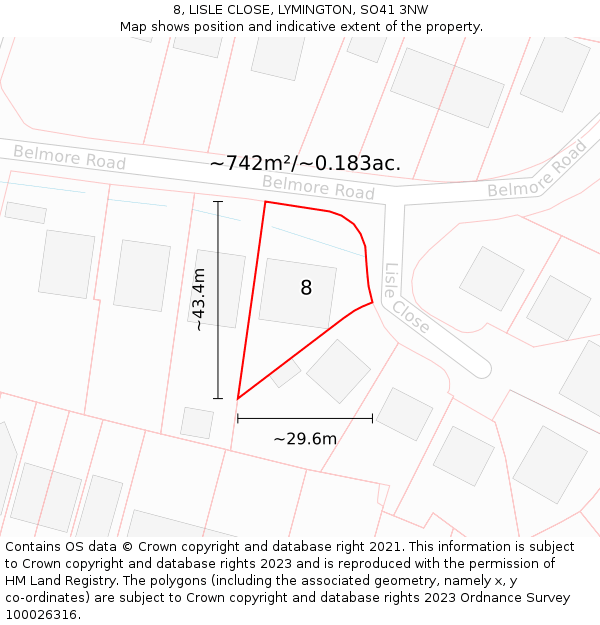 8, LISLE CLOSE, LYMINGTON, SO41 3NW: Plot and title map