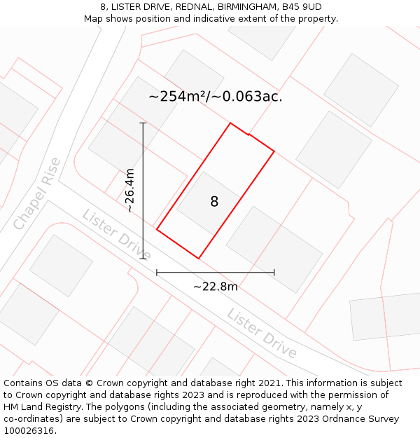 8, LISTER DRIVE, REDNAL, BIRMINGHAM, B45 9UD: Plot and title map