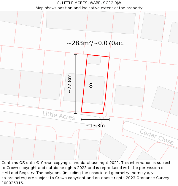 8, LITTLE ACRES, WARE, SG12 9JW: Plot and title map