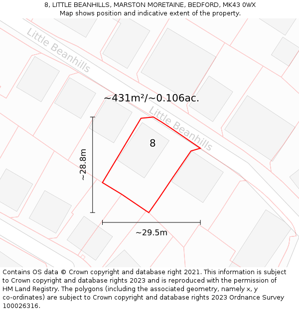 8, LITTLE BEANHILLS, MARSTON MORETAINE, BEDFORD, MK43 0WX: Plot and title map