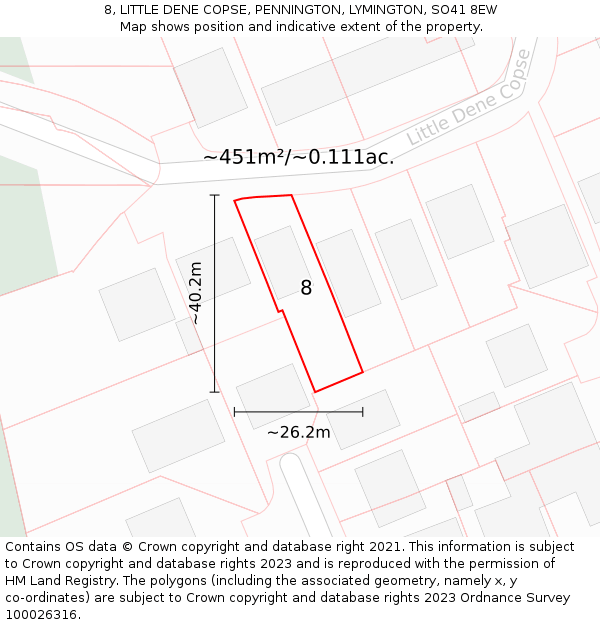 8, LITTLE DENE COPSE, PENNINGTON, LYMINGTON, SO41 8EW: Plot and title map