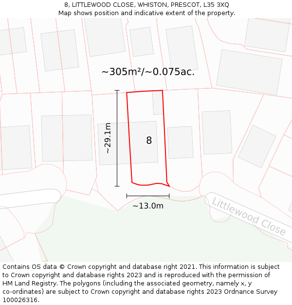 8, LITTLEWOOD CLOSE, WHISTON, PRESCOT, L35 3XQ: Plot and title map