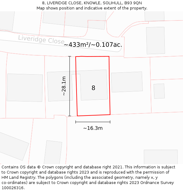 8, LIVERIDGE CLOSE, KNOWLE, SOLIHULL, B93 9QN: Plot and title map