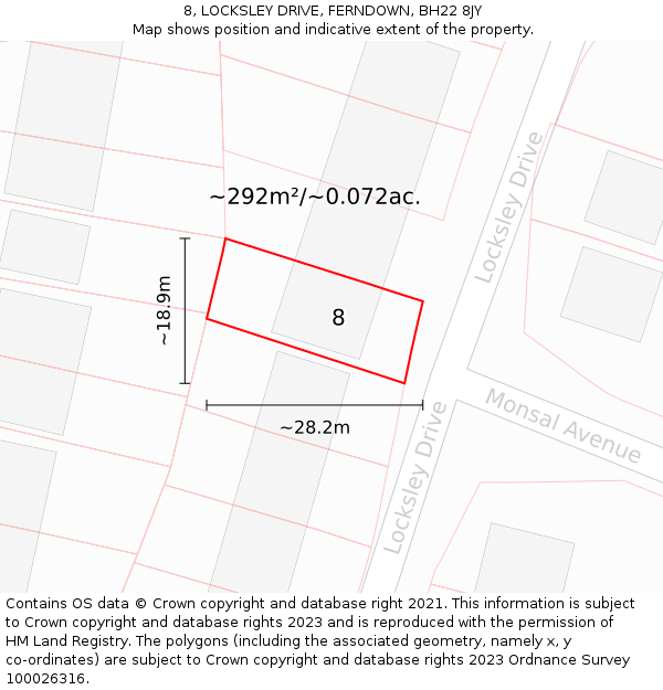 8, LOCKSLEY DRIVE, FERNDOWN, BH22 8JY: Plot and title map