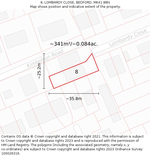 8, LOMBARDY CLOSE, BEDFORD, MK41 8BN: Plot and title map