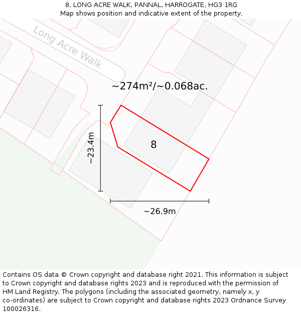 8, LONG ACRE WALK, PANNAL, HARROGATE, HG3 1RG: Plot and title map