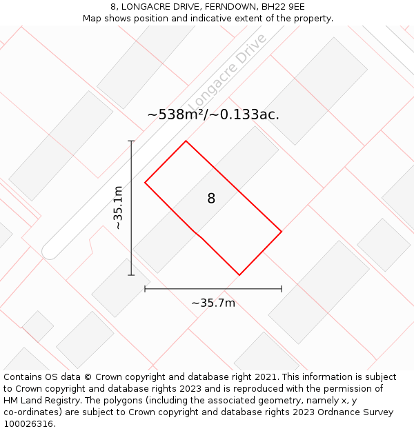 8, LONGACRE DRIVE, FERNDOWN, BH22 9EE: Plot and title map