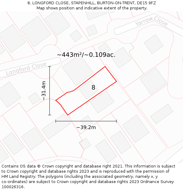 8, LONGFORD CLOSE, STAPENHILL, BURTON-ON-TRENT, DE15 9FZ: Plot and title map