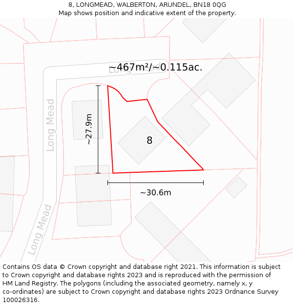 8, LONGMEAD, WALBERTON, ARUNDEL, BN18 0QG: Plot and title map