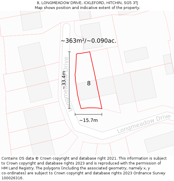 8, LONGMEADOW DRIVE, ICKLEFORD, HITCHIN, SG5 3TJ: Plot and title map