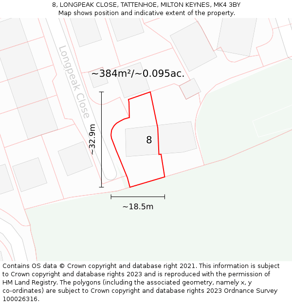 8, LONGPEAK CLOSE, TATTENHOE, MILTON KEYNES, MK4 3BY: Plot and title map