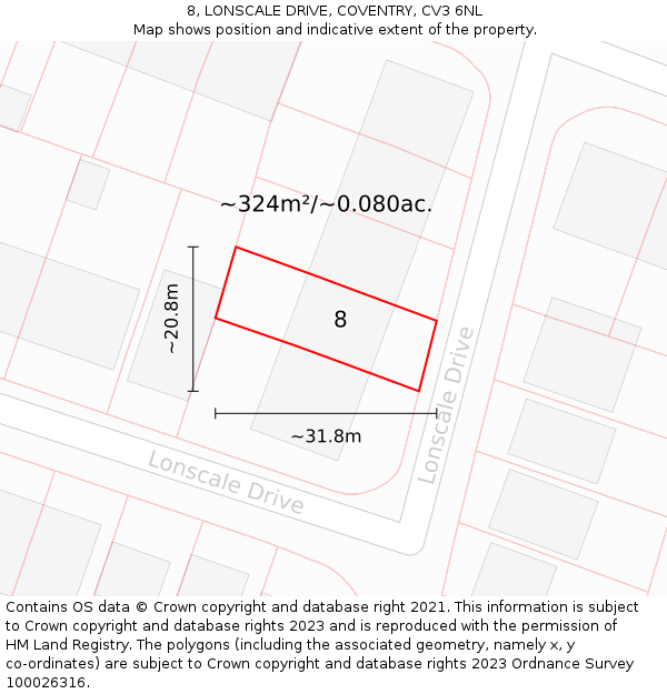 8, LONSCALE DRIVE, COVENTRY, CV3 6NL: Plot and title map