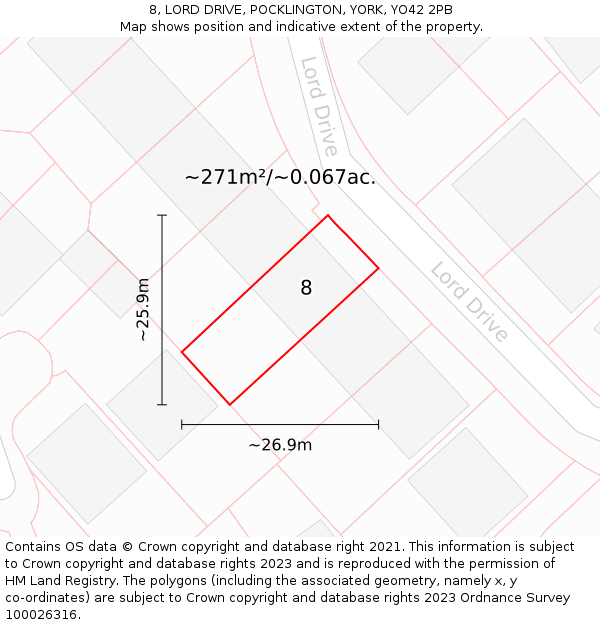 8, LORD DRIVE, POCKLINGTON, YORK, YO42 2PB: Plot and title map