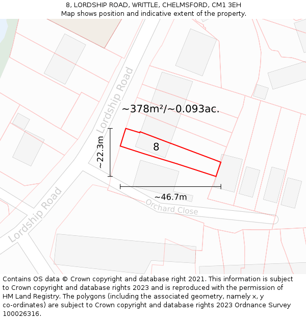 8, LORDSHIP ROAD, WRITTLE, CHELMSFORD, CM1 3EH: Plot and title map