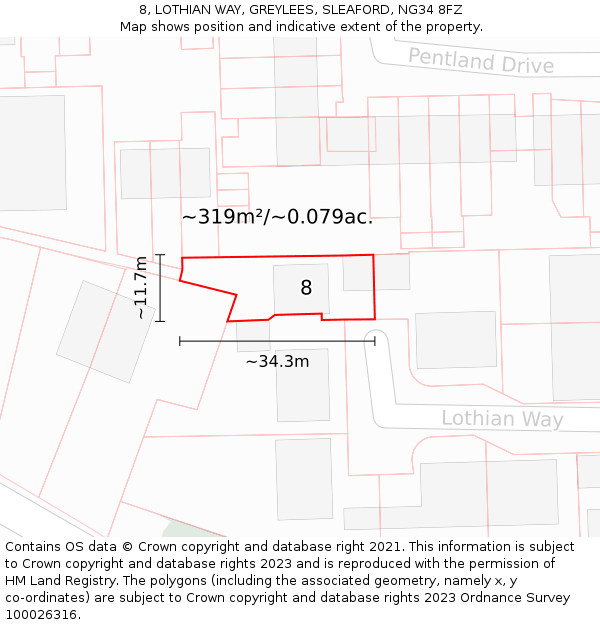 8, LOTHIAN WAY, GREYLEES, SLEAFORD, NG34 8FZ: Plot and title map