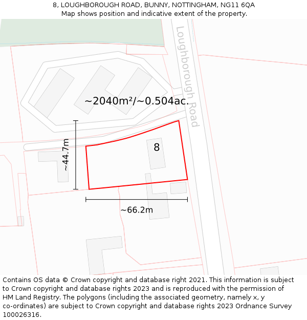 8, LOUGHBOROUGH ROAD, BUNNY, NOTTINGHAM, NG11 6QA: Plot and title map