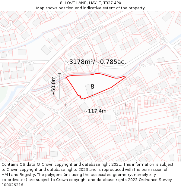 8, LOVE LANE, HAYLE, TR27 4PX: Plot and title map