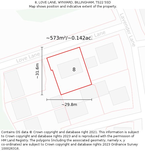 8, LOVE LANE, WYNYARD, BILLINGHAM, TS22 5SD: Plot and title map